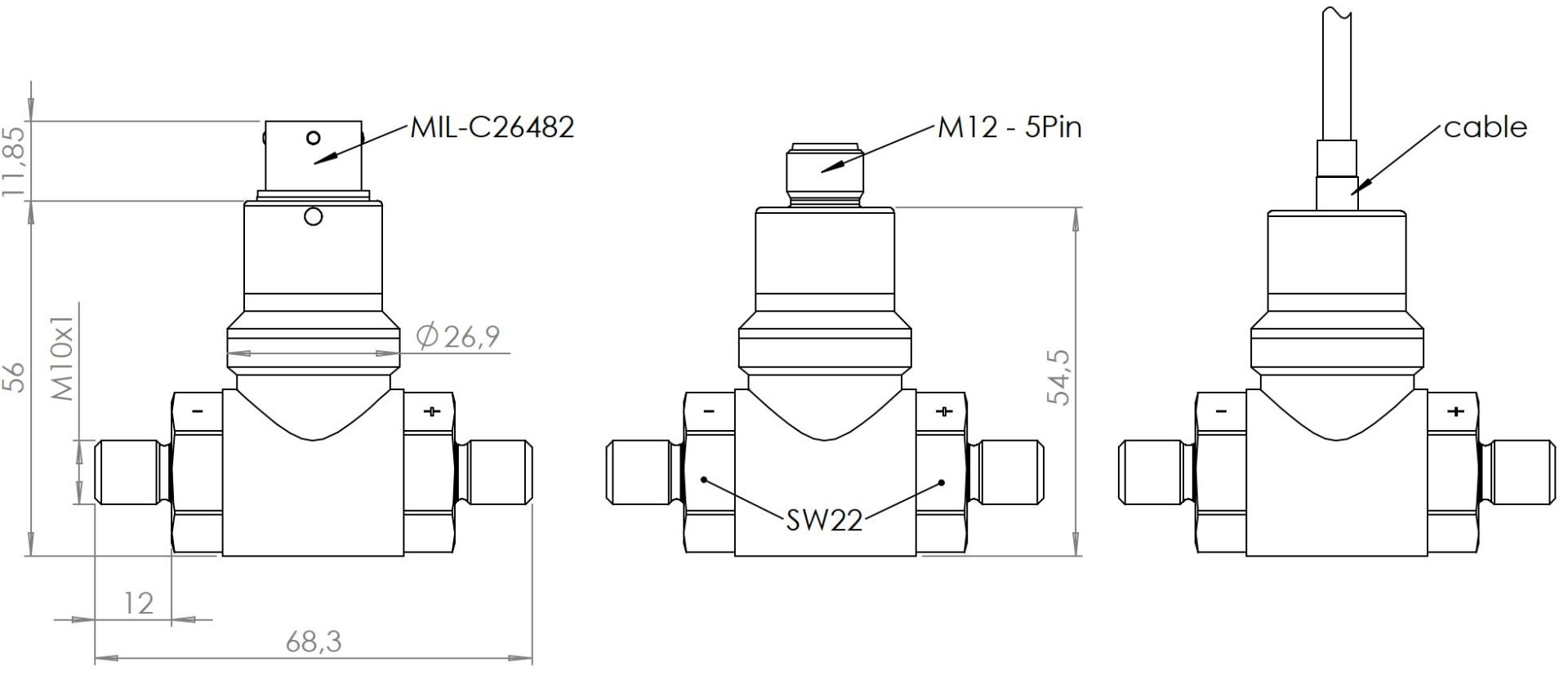 Differential pressure sensor PV2722 Dimensions Electrical connection Mil-C26482, M12 and cable